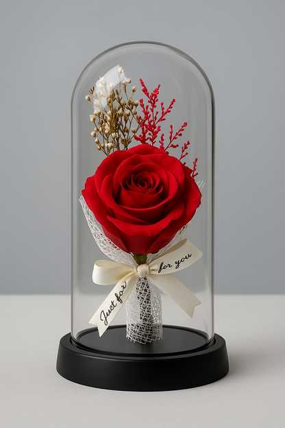 Eternal Rose Glass Dome Gift: Enchanted Red Rose Flower with Fairy Lights