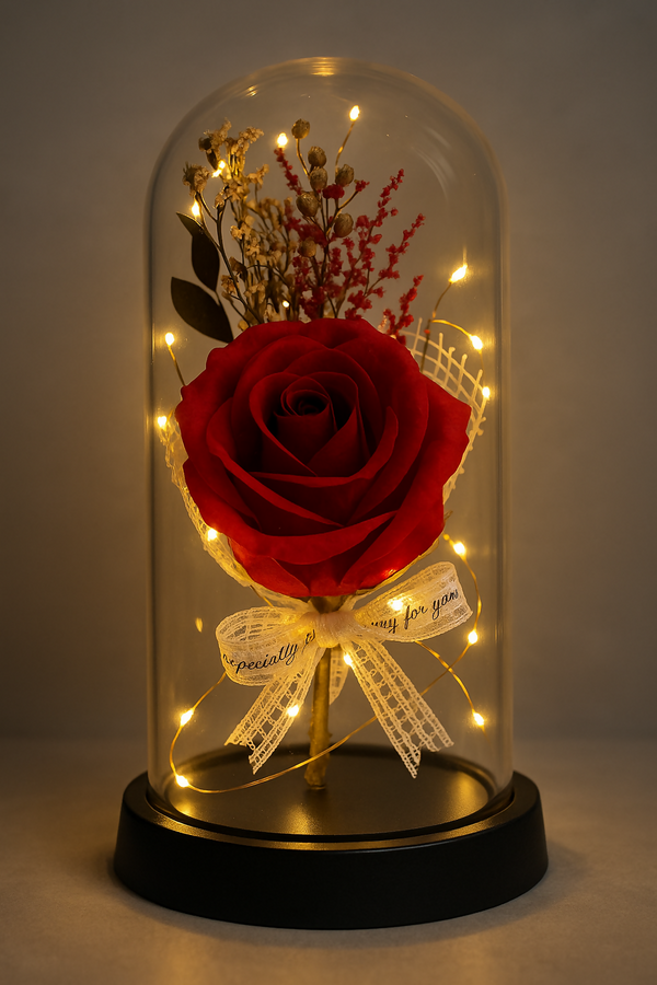 Eternal Rose Glass Dome Gift: Enchanted Red Rose Flower with Fairy Lights