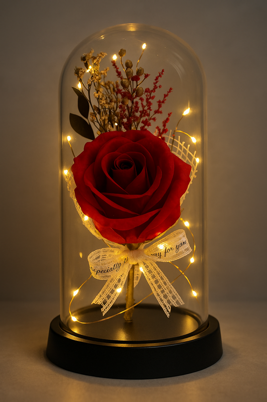 Eternal Rose Glass Dome Gift: Enchanted Red Rose Flower with Fairy Lights