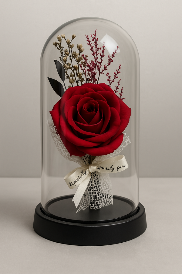 Eternal Rose Glass Dome Gift: Enchanted Red Rose Flower with Fairy Lights