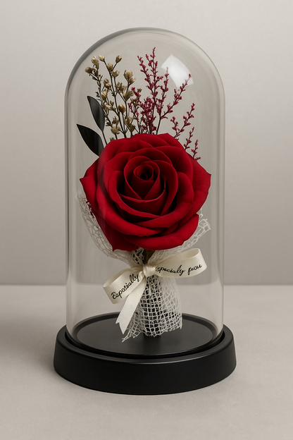 Eternal Rose Glass Dome Gift: Enchanted Red Rose Flower with Fairy Lights
