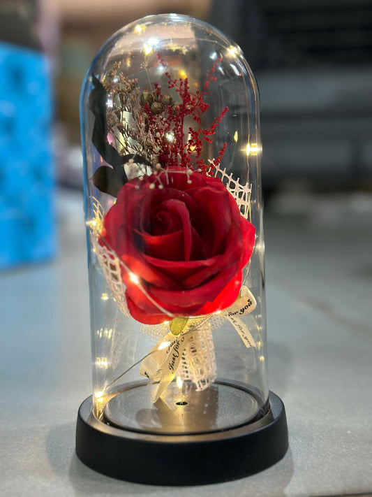 Eternal Rose Glass Dome Gift: Enchanted Red Rose Flower with Fairy Lights