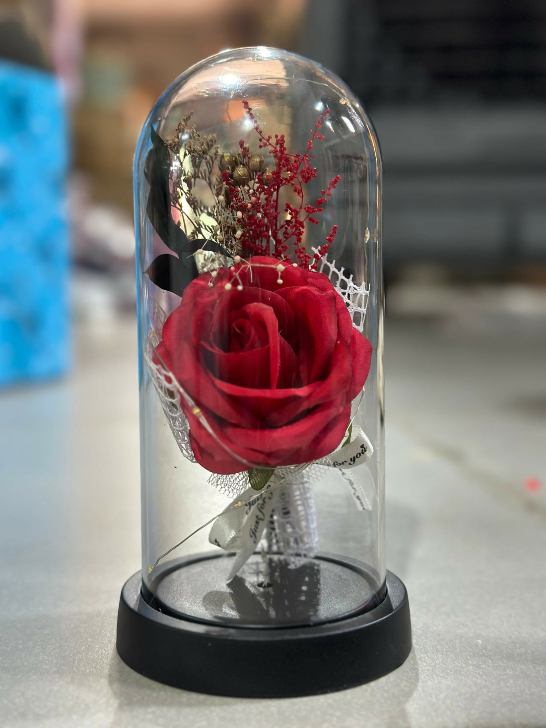 Eternal Rose Glass Dome Gift: Enchanted Red Rose Flower with Fairy Lights